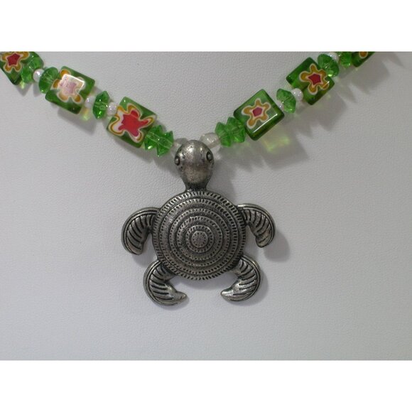 Handcrafted Millefiori Glass & Metal Turtle Pendant Necklace With Green & White - Picture 4 of 6